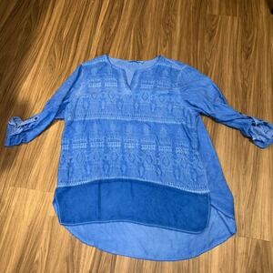 Soft Surroundings Blue Embroidered‎ Tunic Top Roll Tab Sleeve size 1X